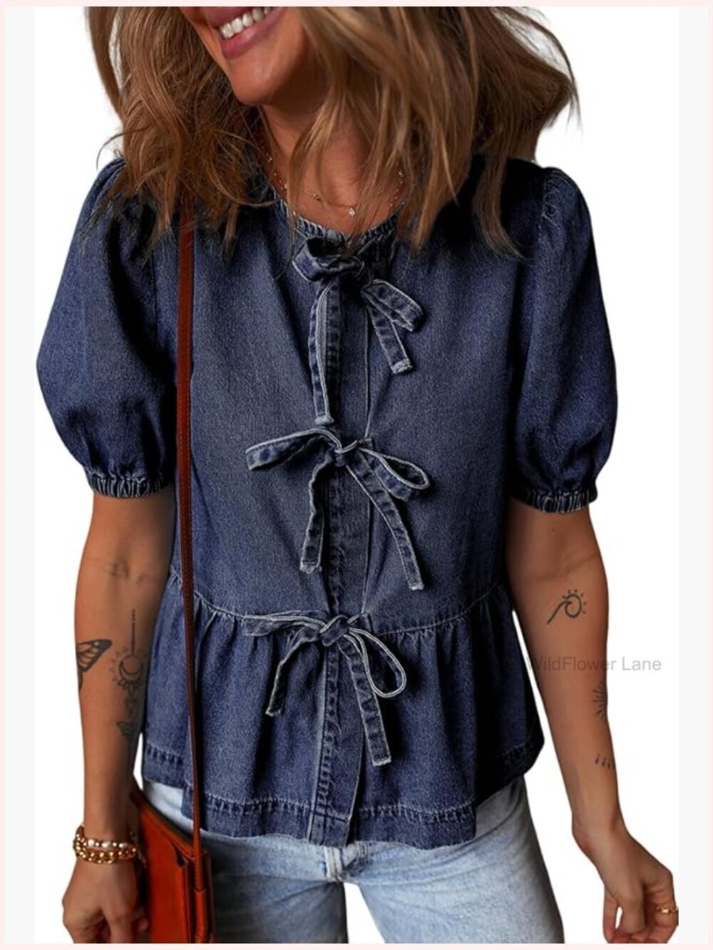 Womens Denim Babydoll Shirt Bow Tie Front Puff Sleeve